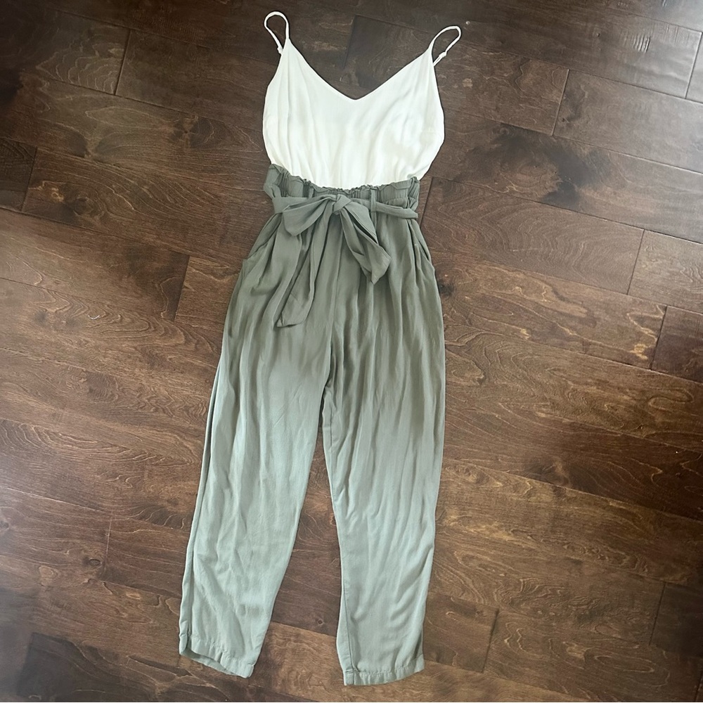Jumpsuit white tank high waisted paper bag belted tie waist olive green pants